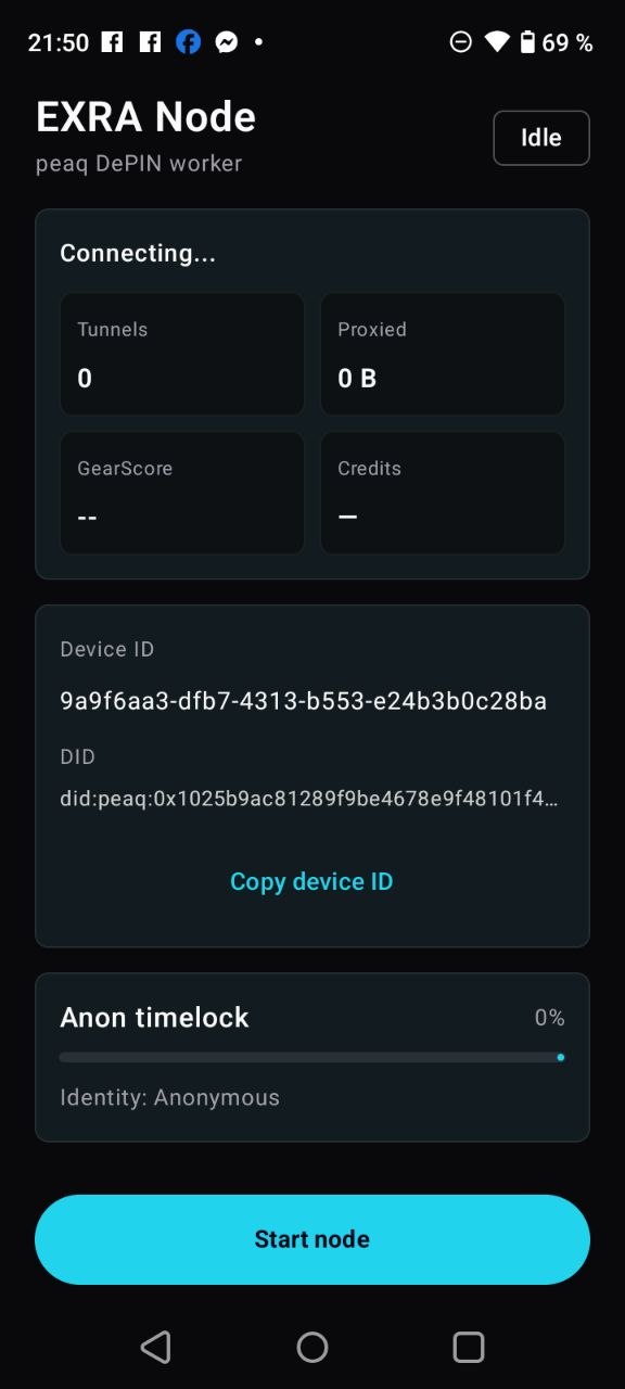 EXRA Node Android APK — peaq DePIN worker with GearScore, tunnels, anonymous timelock identity